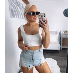 Rylee Anns White Wide strap Square neck Ruched Crop top